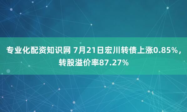 专业化配资知识网 7月21日宏川转债上涨0.85%，转股溢价率87.27%